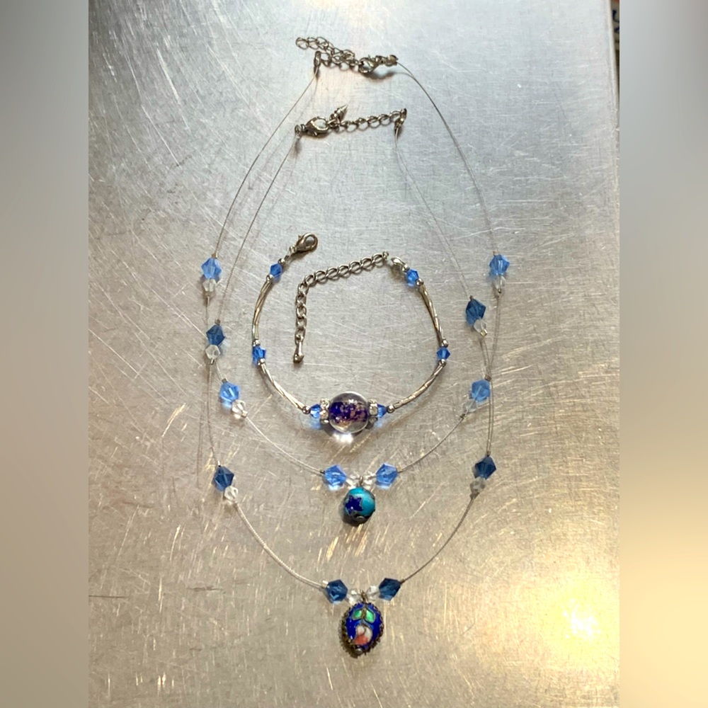 Bracelet and choker set - blue crystal beads on silver wire.